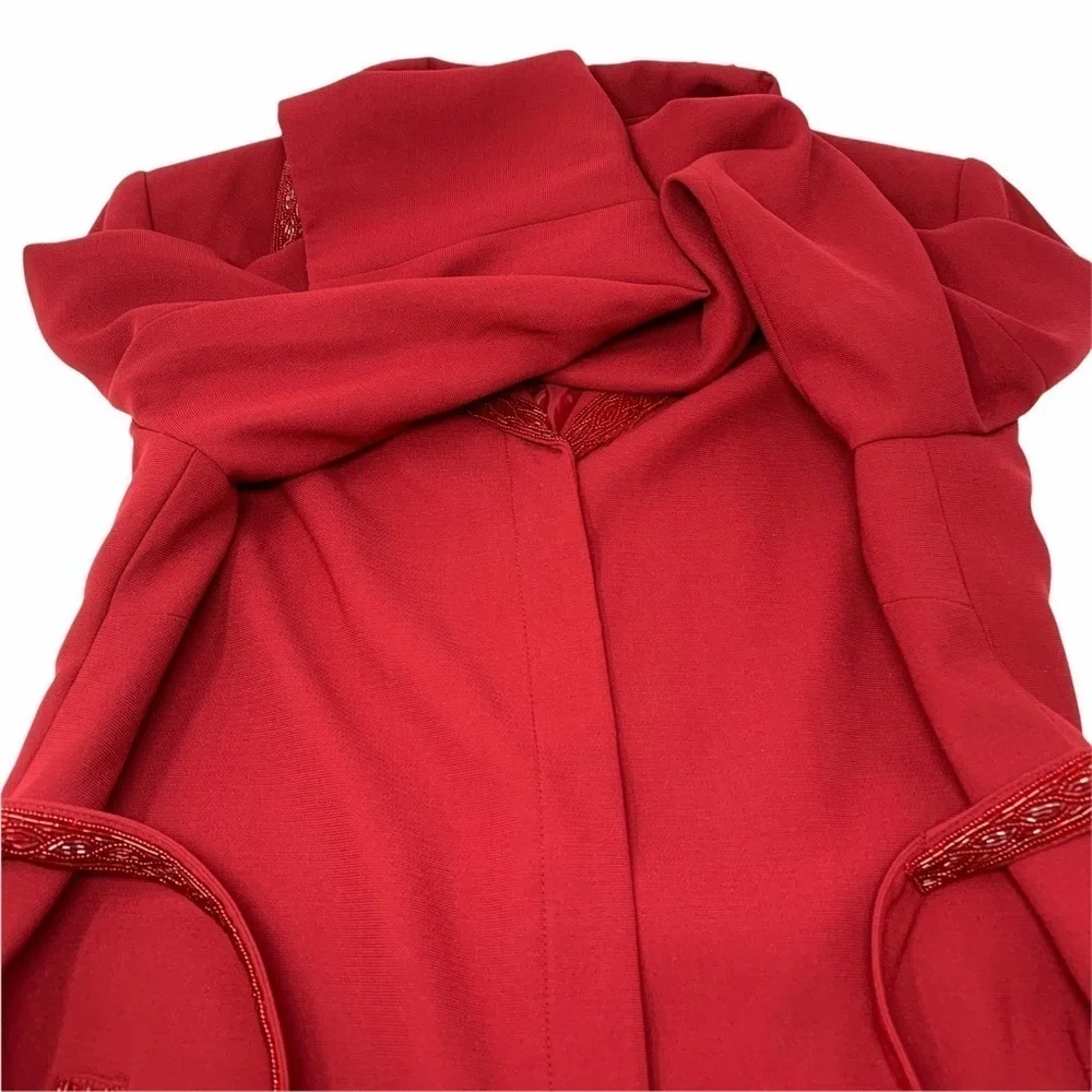 Vintage Emily… Embellished Trim Long Belted Blazer Red Sz 16 Notch Lapel Button